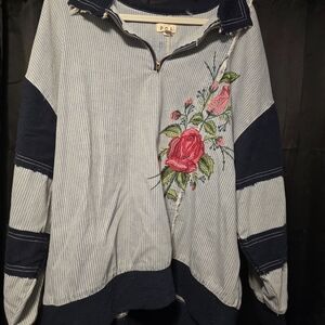 POL Striped Floral Embroidered Hoodie - Navy and White